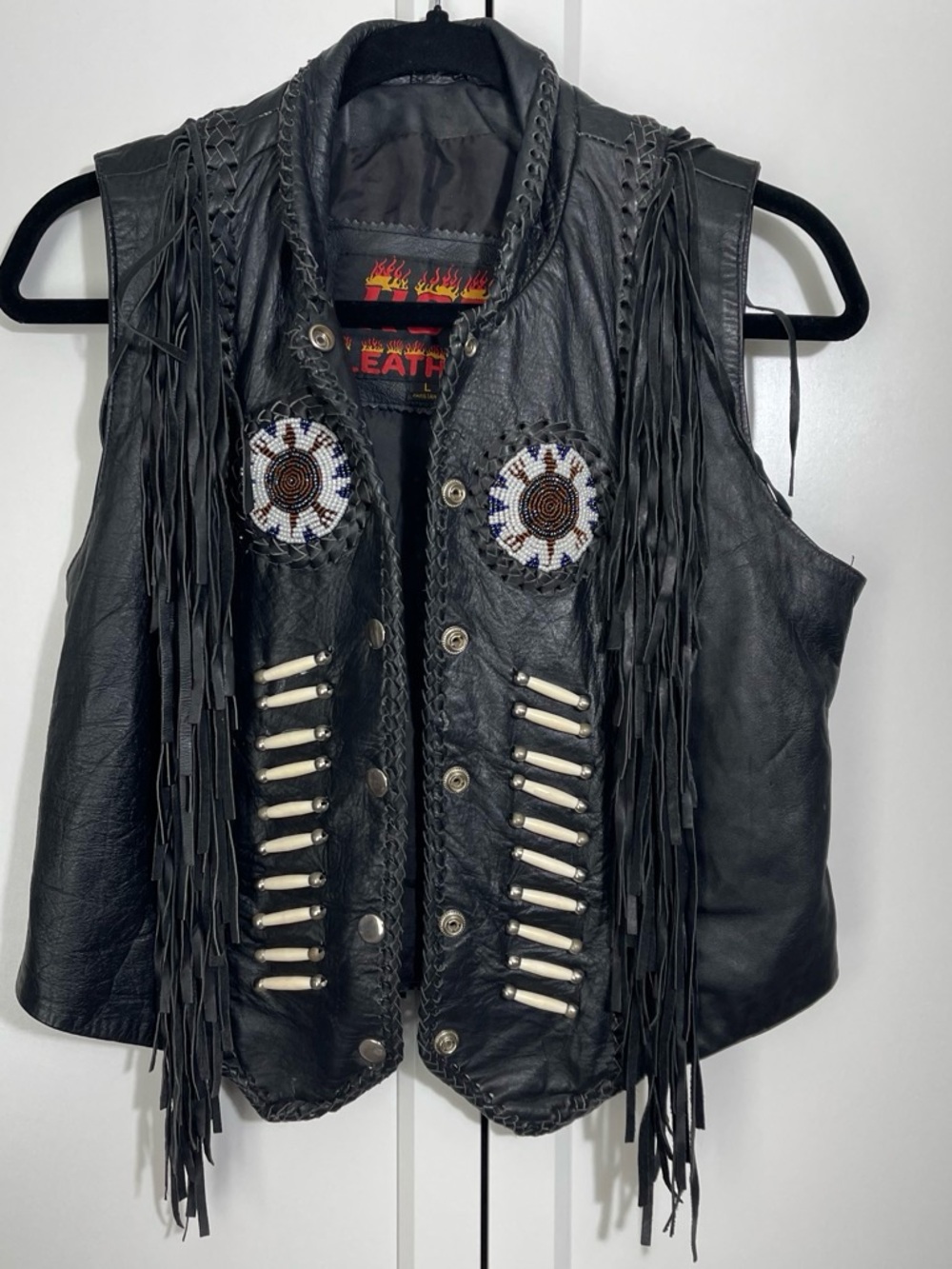 “HOT LEATHERS Black Fringe Beaded Western Vest